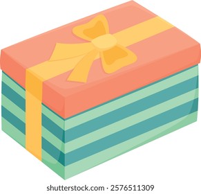 Rectangular box with yellow ribbon and bow. Striped gift box isolated on a white background