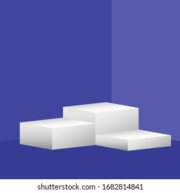 Rectangular boxes for demonstration, purple violet wall and floor, white podium stand, vector illustration
