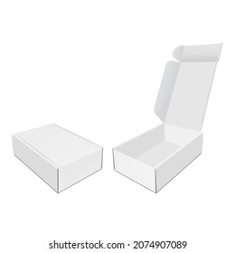 Rectangular Boxes Mockups with Opened and Closed Lid, Side View, Isolated on White Background. Vector Illustration