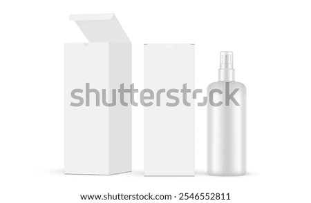 Rectangular Boxes With Tall Plastic Spray Bottle, Front And Side View. Box With Opened And Closed Lid. Vector Illustration
