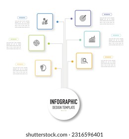 Rectangular branch mind map infographic template or element with 6 step, process, option, colorful rectangle, square, icons, paper origami, circle, button for sale slide, workflow minimal modern style