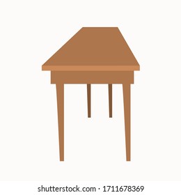 Rectangular brown wooden table with four legs, side view. A piece of furniture for the interior of a kitchen, dining room, home office. Stock vector illustration isolated on white background.