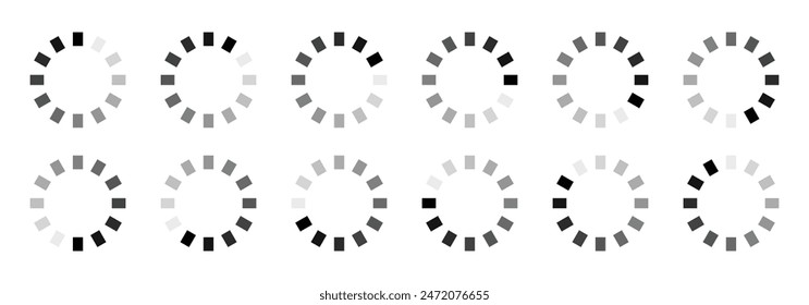 Rectangular buffering icon set in 12 shades of black colour. Rectangle loading, buffering, processing, progressing indicator symbols in twelve shades of black colour isolated on white background.