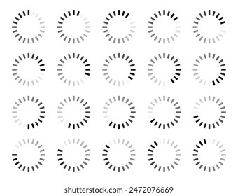 Rectangular buffering icon set in twenty shades of black colour. Rectangle loading, buffering, processing and progressing symbols in 20 shades of black colour isolated on white background.