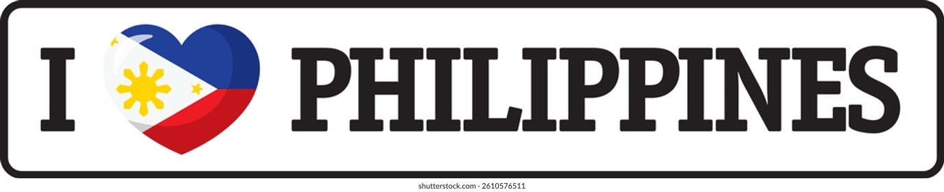 Rectangular bumper sticker with the Philippine flag in a heart shape and the words I love Philippines