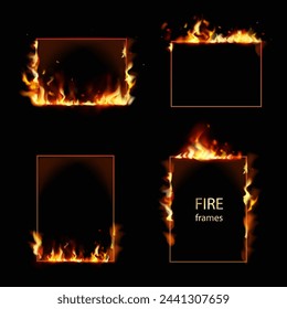 Rectangular burning borders. Square frames in fire with flying particles and sparks. Flame 3d tongues. Realistic burning foam with copy space for text