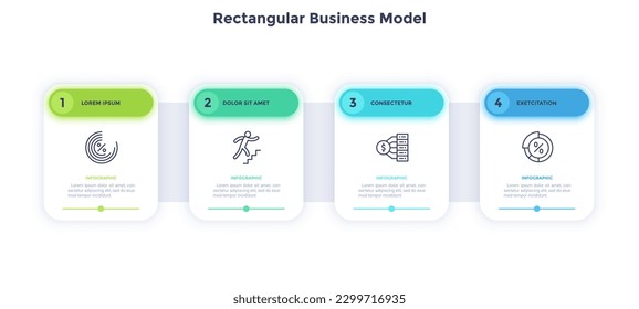 Rectangular Business Model with analytics data infographic chart design. Presenting commercial strategy ideas infochart with icons and text. Vector graphics with 4 steps for web banner creation