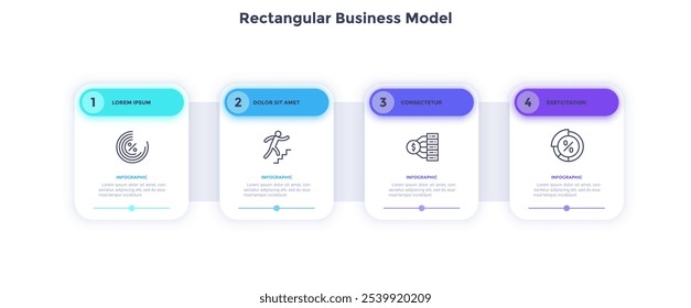 Rectangular Business Model with analytics data infographic chart design. Presenting commercial strategy ideas infochart with icons and text. Vector graphics with 4 steps for web banner creation