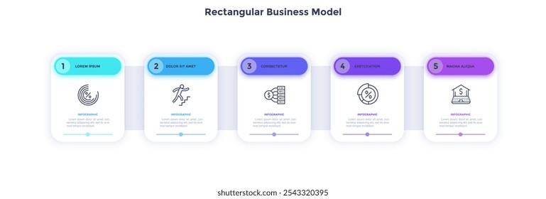 Rectangular Business Model with analytics data infographic chart design. Presenting commercial strategy ideas infochart with icons and text. Vector graphics with 5 steps for web banner creation