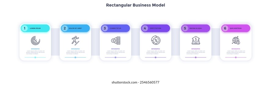Rectangular Business Model with analytics data infographic chart design. Presenting commercial strategy ideas infochart with icons and text. Vector graphics with 6 steps for web banner creation