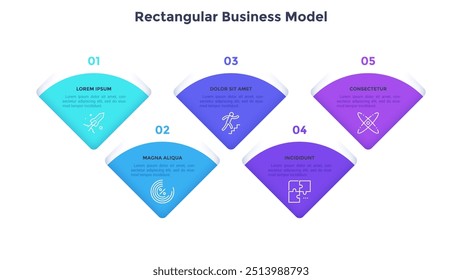 Modelo de negocio rectangular de diseño de gráfico de infografía de estrategia corporativa. Infograma de presentación de progreso comercial con icono y segmentos. Gráficos instructivos con 5 pasos para Anuncios de Internet
