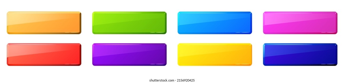 Botones rectangulares para menú de juego, aplicación móvil o interfaz de sitio web. Conjunto de dibujos animados vectores de botones web brillante en blanco colores arcoiris aislados en fondo blanco