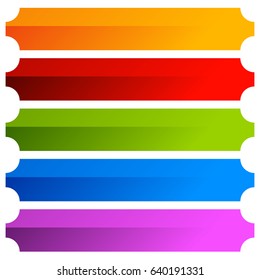 Rectangular buttons in several colors. Button tag, label shapes with blank space for text