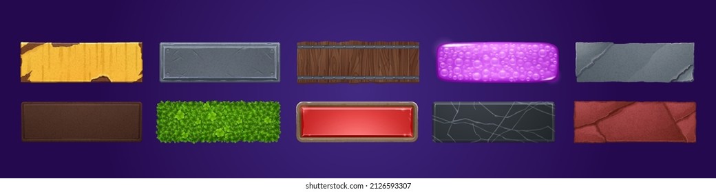 Rectangular buttons with wooden, stone, metal and black marble textures for ui game design. Vector cartoon set of buttons from rusty iron, grass and purple jelly isolated on background
