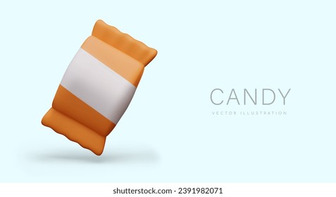 Rectangular candy in wrapper. Realistic packaging, vector mockup with place for brand name, logo. Packed portions of sweets. Horizontal poster for social networks