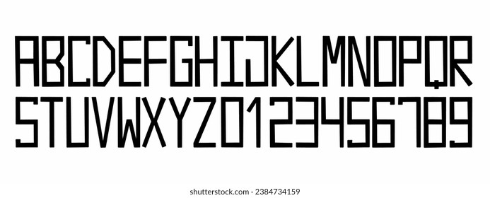 Rectangular capital black filled english A to Z alphabet latin abc font and digits 0 to 9 set. Vector illustration in doodle hand written style isolated on white background. For naming, school, menu.