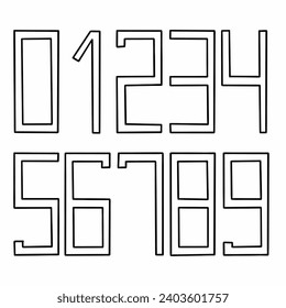 Rectangular capital outline black digits numbers font from 0 to 9 font collection. Vector illustration in doodle hand drawn style isolated on white background. For design, logo, sales.