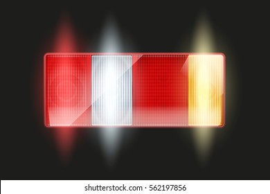 Rectangular car taillight. Rear and brake light. Light is on. Vintage Vector Illustration isolated on white background.
