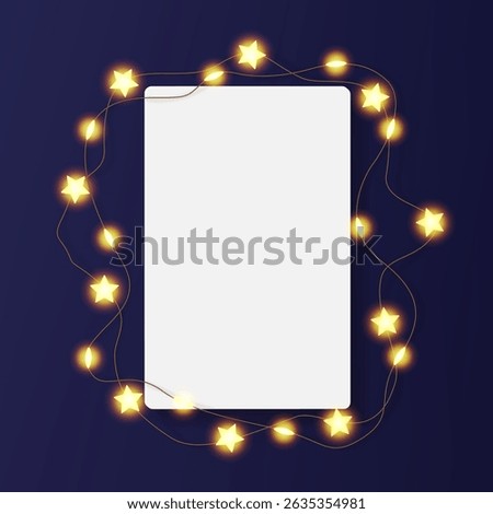 Rectangular card decorated with light garland. Vertical picture frame, star shape bulbs glow. Portrait photo print mockup, festive ornate xmas decor. Luxury festoon border for art, product poster box