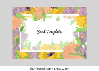 Rectangular card with frame of hand drawn rose, crocus and poppy flowers arrangement. Greeting card template. Vector illustration.