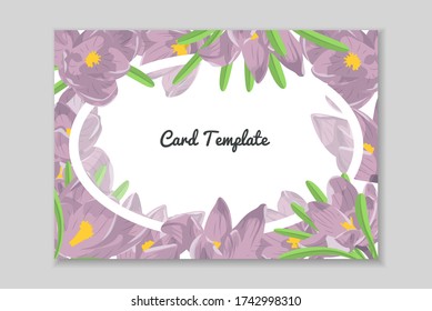Rectangular card frame with violet hand drawn crocus flower arrangement. Greeting card template. Vector illustration.
