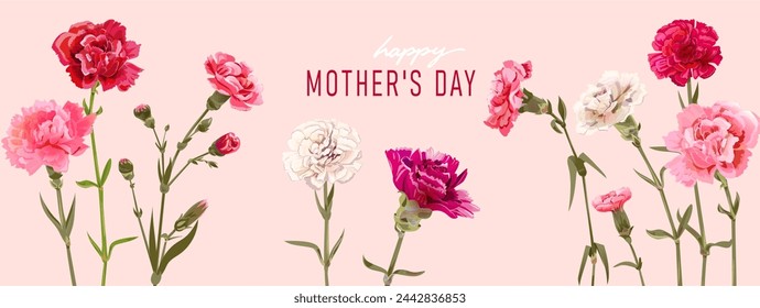 Rectangular card for Mother's Day. Panoramic frame with red, pink, white carnation flowers on pink background. Template with massage for mother greeting. Realistic illustration in watercolor style