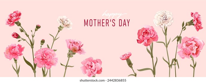 Rectangular card for Mother's Day. Panoramic frame with pink, white carnation flowers on pink background. Template with massage for mother greeting. Realistic illustration in watercolor style, vector