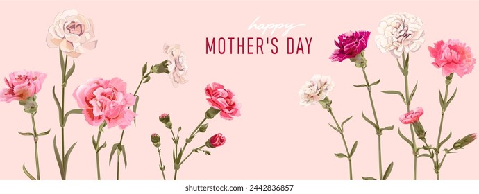 Rectangular card for Mother's Day. Panoramic frame with red, pink, white carnation flowers on pink background. Template with massage for mother greeting. Realistic illustration in watercolor style