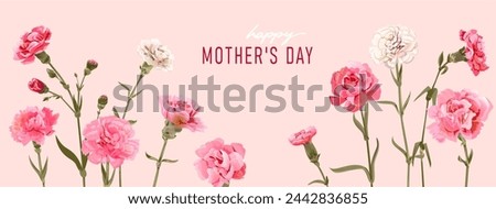 Rectangular card for Mother's Day. Panoramic frame with pink, white carnation flowers on pink background. Template with massage for mother greeting. Realistic illustration in watercolor style, vector