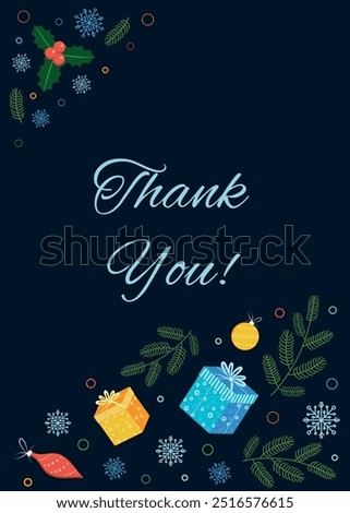 
Rectangular card thank you. Gifts, garlands, light bulbs, snowflakes, Christmas tree toys, Christmas, Christmas tree branches vector illustration on a black background