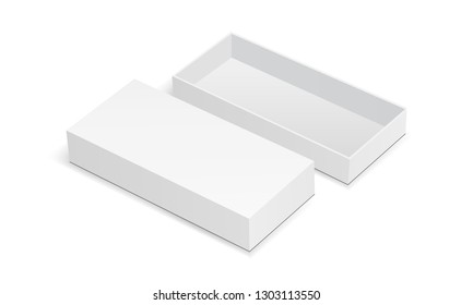 Rectangular cardboard box mock up with open lid isolated on white background. Vector illustration