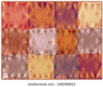 Rectangular carpet with grunge striped wavy colorful square elements and fringe in orange, brown, beige, yellow, pink colors isolated on white