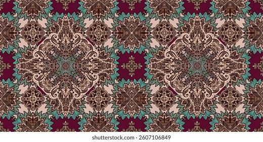 Rectangular carpet or scarf with abstract plant ornament in emerald, brown, beige, burgundy colors. Ethnic style. African, Aztec motifs.