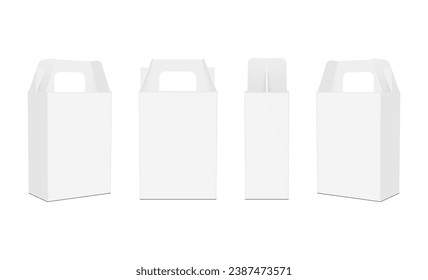 Rectangular Carrier Box Mockup, Boxes With Handle, Front and Side View. Isolated On White Background. Vector Illustration