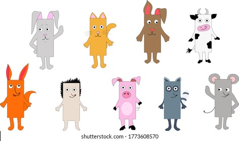 Rectangular Cartoon Animals. Bear, hedgehog, pig, raccoon, dog, fox, cow, mouse are rectangular. Heroes of children's books and drawings. 