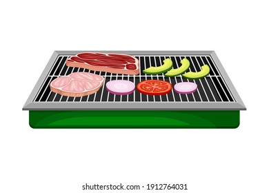 Rectangular Charcoal Barbecue Grill with Metal Grid for Cooking Food Vector Illustration