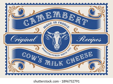 A rectangular cheese package template in vintage style, all elements are in the separate group and editable.