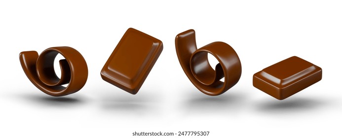 Dulces de chocolate rectangulares, virutas en espiral en diferentes posiciones