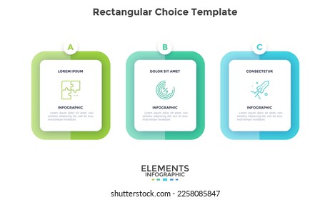 Rectangular choice template for business and commerce infographic chart design. Corporate development processes infochart with thin line icons. Instructional graphics with 3 steps for banner creation