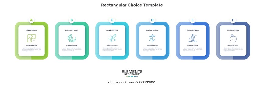 Rechteckige Auswahlvorlage für Business und Commerce Infografik Design. Corporate Development Prozesse infochart mit Dünnzeilensymbolen. Anleitung für Grafiken mit 6 Schritten zur Erstellung von Bannern