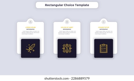 Rectangular Choice Template for business strategy infographic chart design. Startup launching plan presentation infochart with icons. Instructional graphics with 3 steps for banner creation