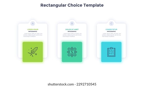 Rectangular Choice Template for business strategy infographic chart design. Startup launching plan presentation infochart with icons. Instructional graphics with 3 steps for banner creation