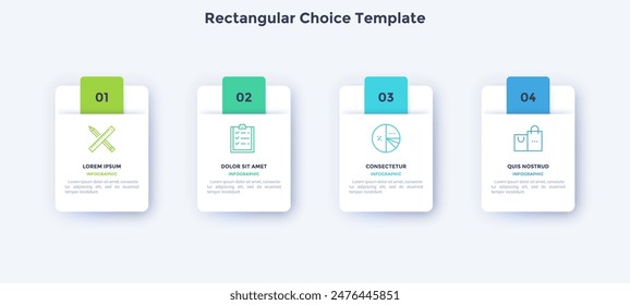 Rechteckige Choice-Vorlage für das Infografik-Diagrammdesign der Geschäftsstrategie. Startup startet Paket Präsentation Infodiagramm mit Symbolen. Anleitungsgrafik mit 4 Stufen für die Erstellung von Bannern