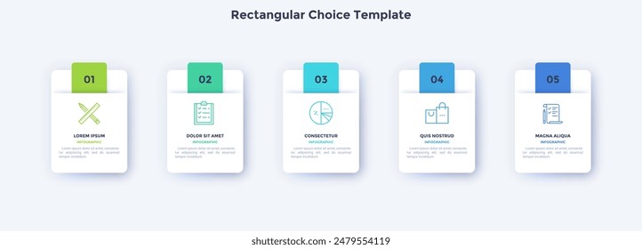 Rectangular Choice Template for business strategy infographic chart design. Startup launching plan presentation infochart with icons. Instructional graphics with 5 steps for banner creation