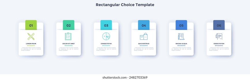 Rectangular Choice Template for business strategy infographic chart design. Startup launching plan presentation infochart with icons. Instructional graphics with 6 steps for banner creation