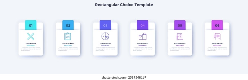 Rectangular Choice Template for business strategy infographic chart design. Startup launching plan presentation infochart with icons. Instructional graphics with 6 steps for banner creation