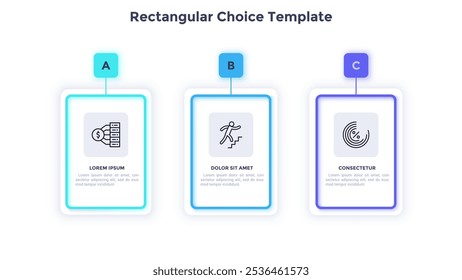 Rectangular choice template with options infographic chart design. Variants of business activities for development infochart with icons. Graphics with 3 different stages for banner creation