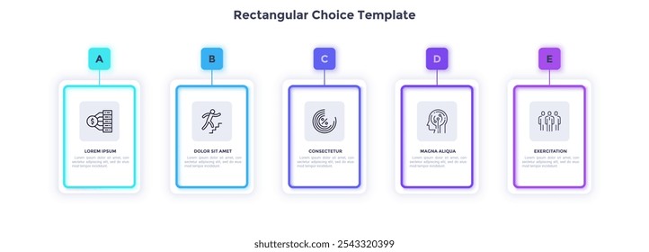 Modelo de escolha retangular com opções de design de gráfico infográfico. Variantes de atividades de negócios para infográfico de desenvolvimento com ícones. Gráficos com 5 estágios diferentes para criação de banner