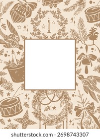 Rectangular Christmas card template with square frame. Background with Christmas vintage toys and decor. Ready-made design for winter postcard, poster, banner, invitation. Holiday vector retro art