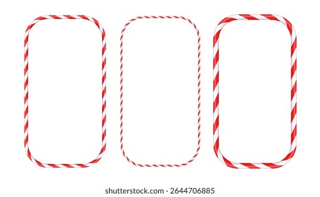 Quadro retangular de Natal com pirulito listrado vermelho e branco. Design de borda festiva com padrão de pirulito listrado. Modelo festivo vazio para Natal e Ano Novo. Vetor sobre fundo branco.